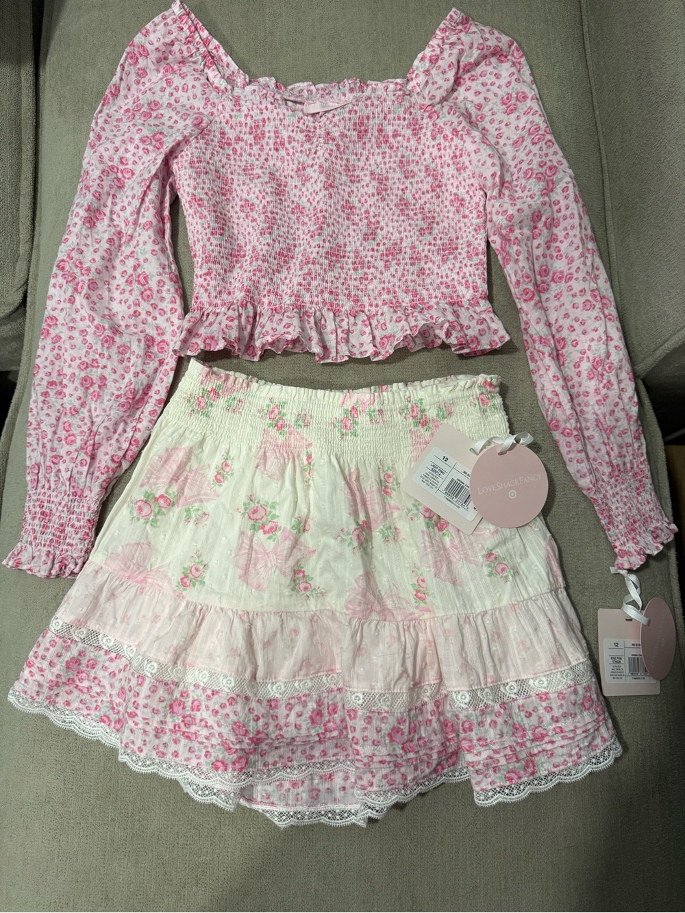 LoveShackFancy Girls Pink Floral Smocked Top & Cream Floral Tiered Skirt Set
